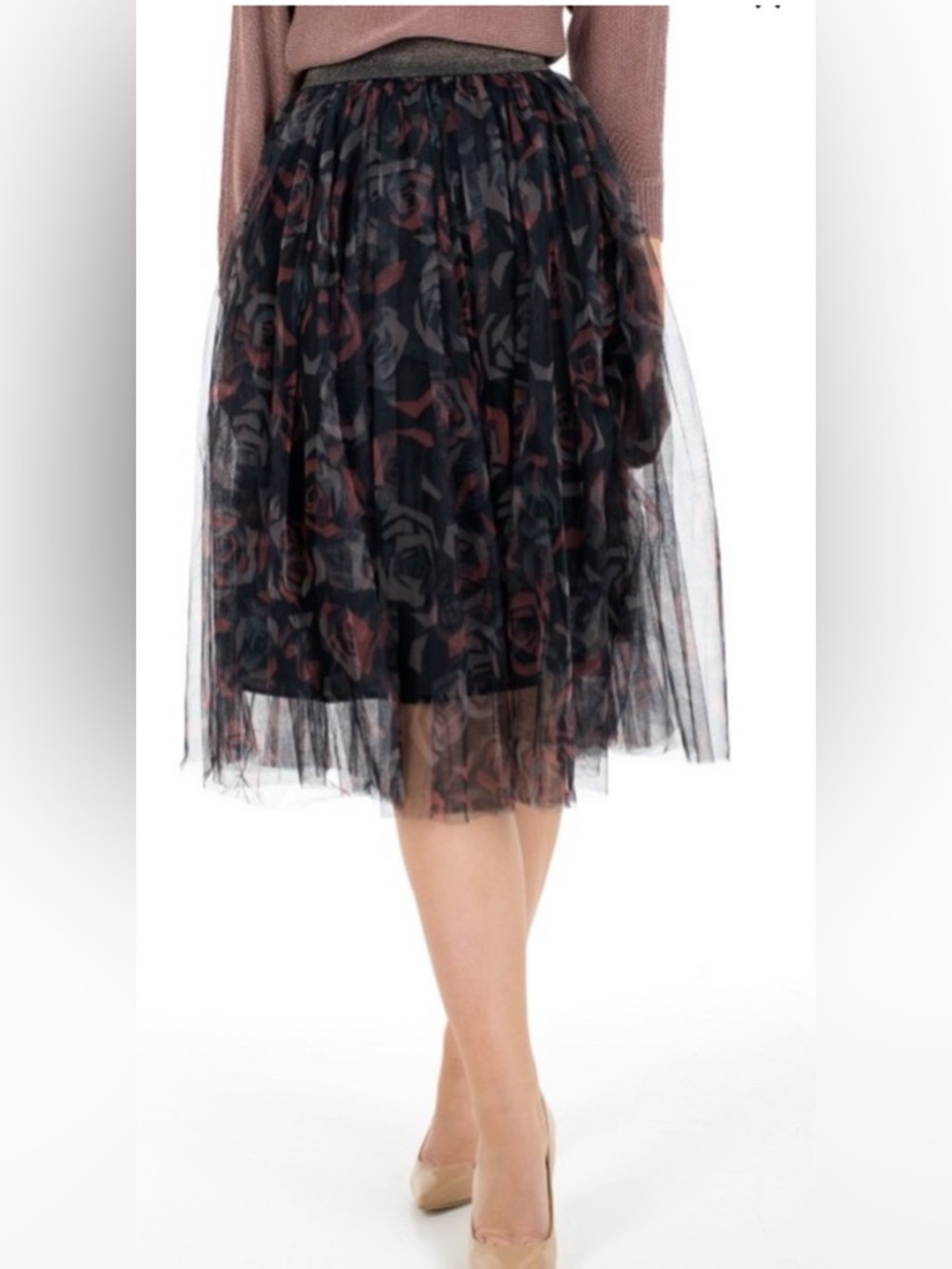 Molly Bracken tulle midi skirt, floral pattern, glittery waistband size Large